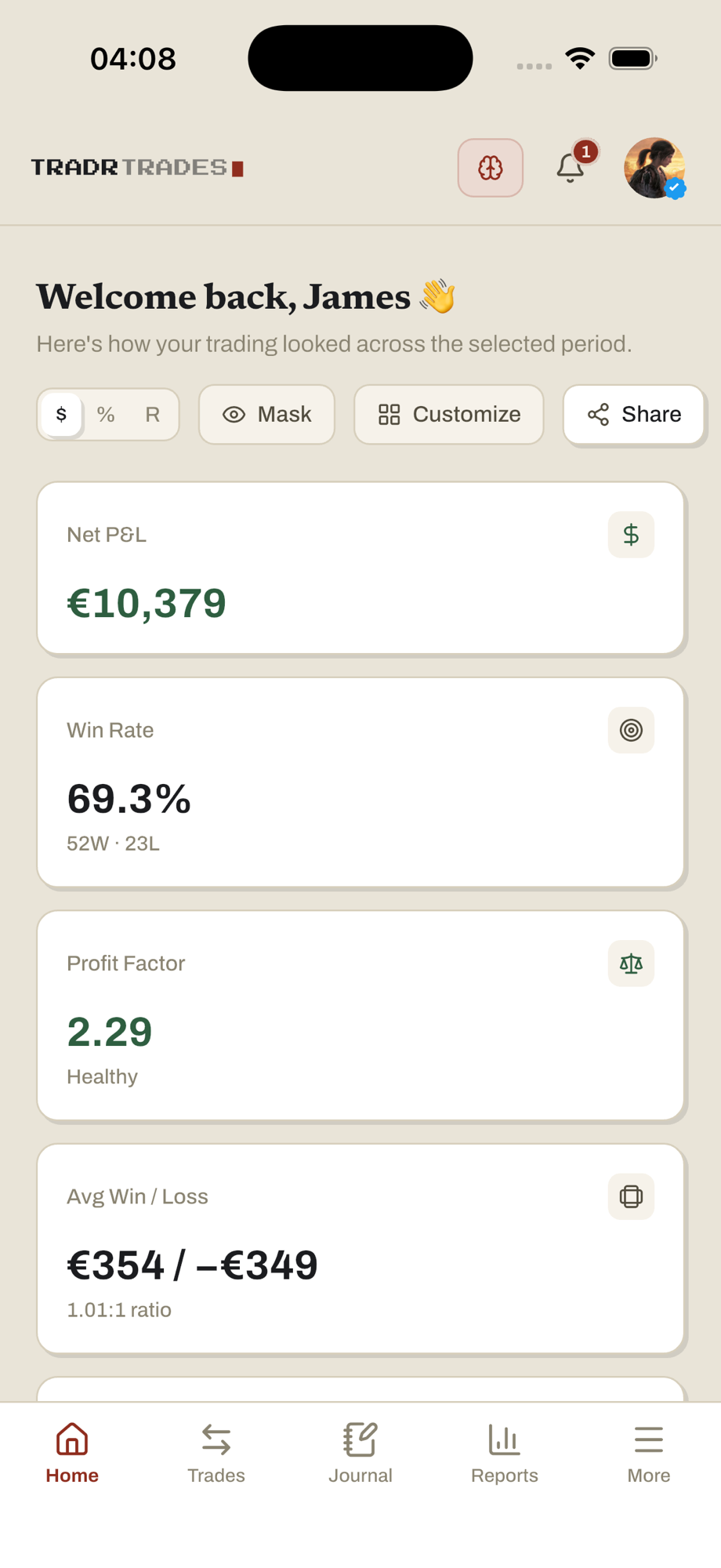 TailJournal mobile app dashboard — Net P&L, win rate and profit factor